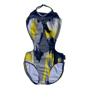 SoKali Girls’ Cut Out Swimsuit Size Large Black Yellow White Mesh One Piece Suit